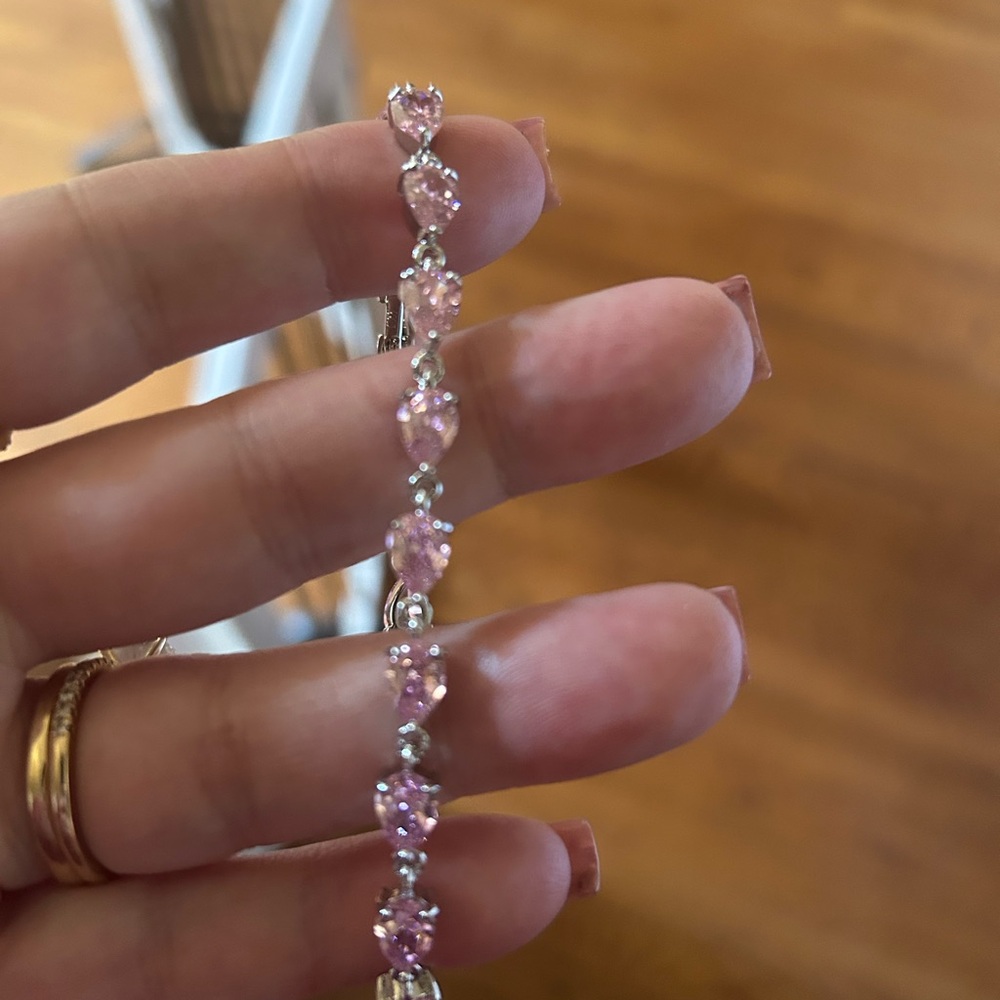 Elegant Pink Crystal and Plated White Gold Tennis Bracelet